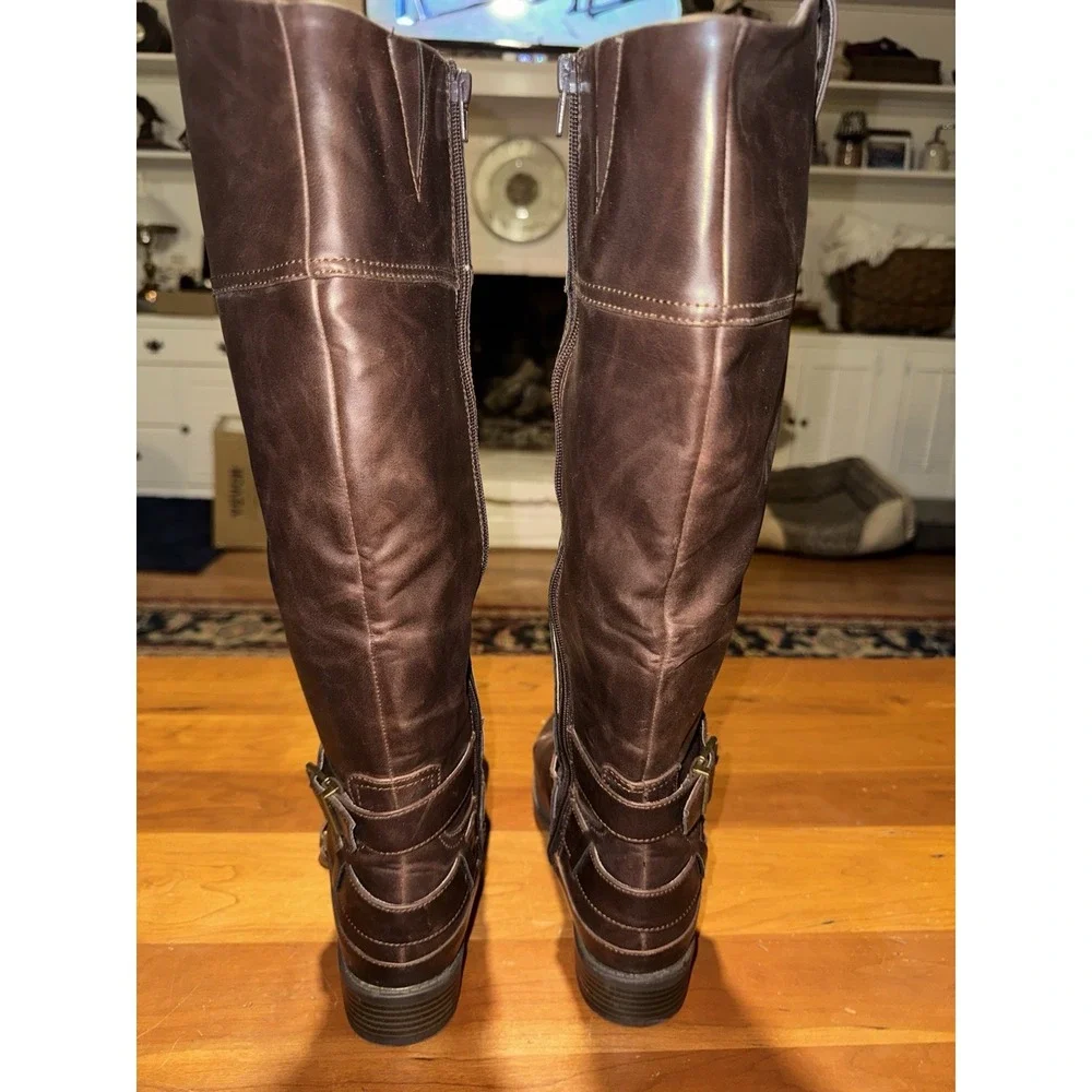 Merona Brown Buckled Faux Leather Knee-High Riding Boots Women's Size 9.5